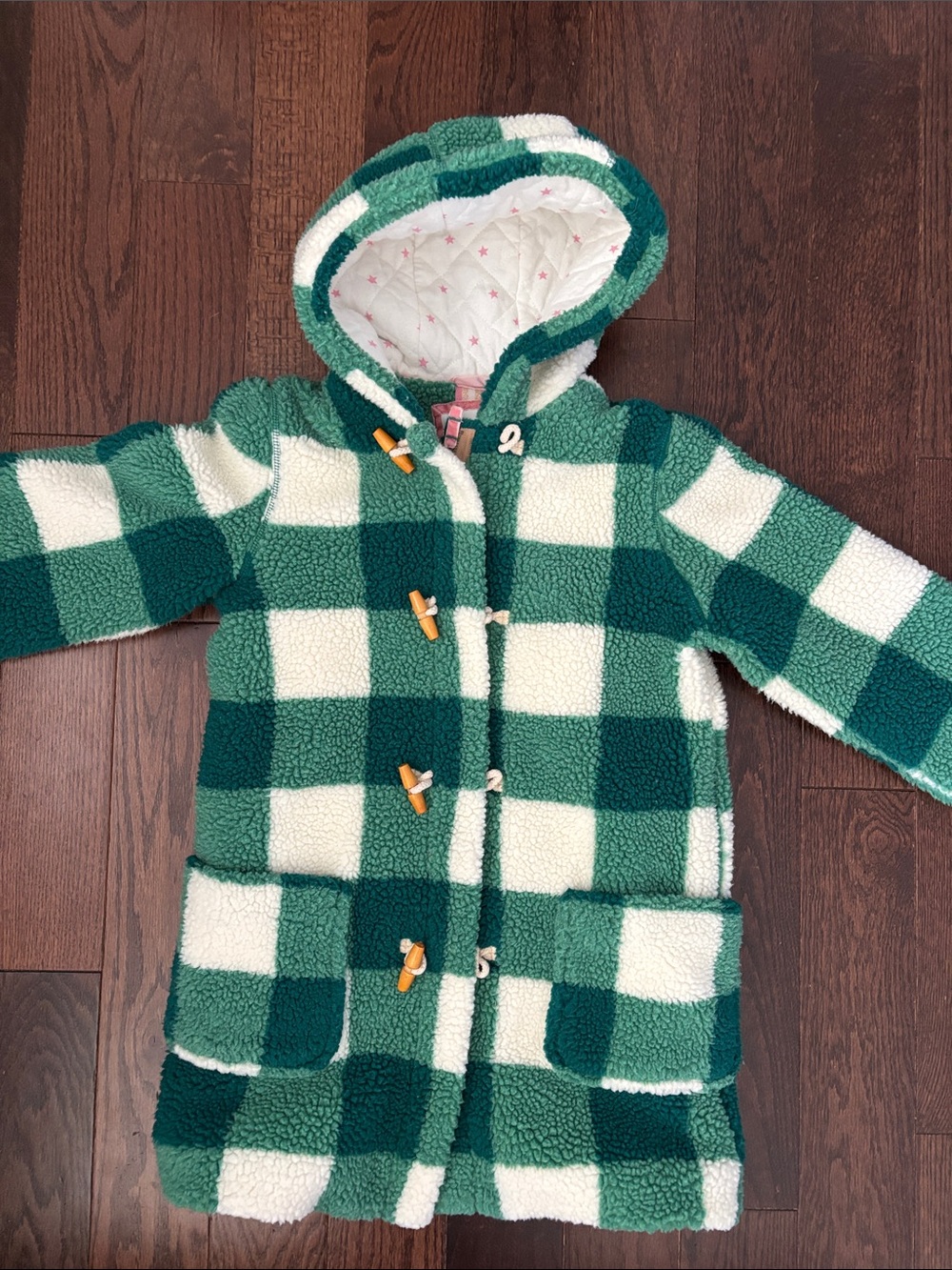 Boden girl’s green and white checked fuzzy fleece long jacket
